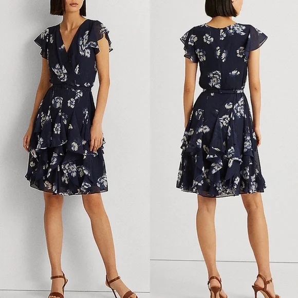 Lauren Ralph Lauren Flutter Sleeve ruffle Dress size 10 or 14 navy multi - Picture 3 of 7